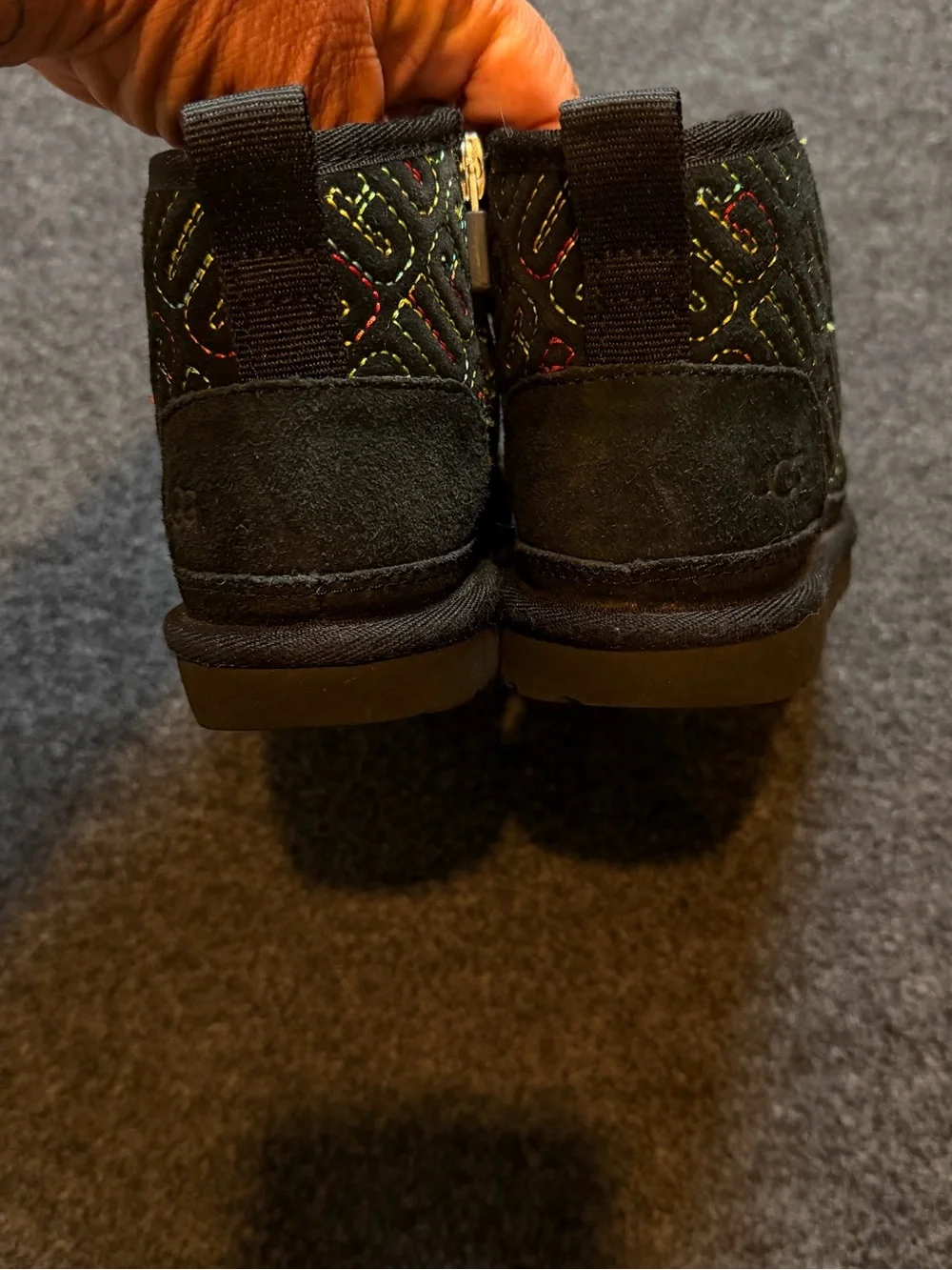 UGG Black Kids Quilted Logo Boots with Multicolor Stitching